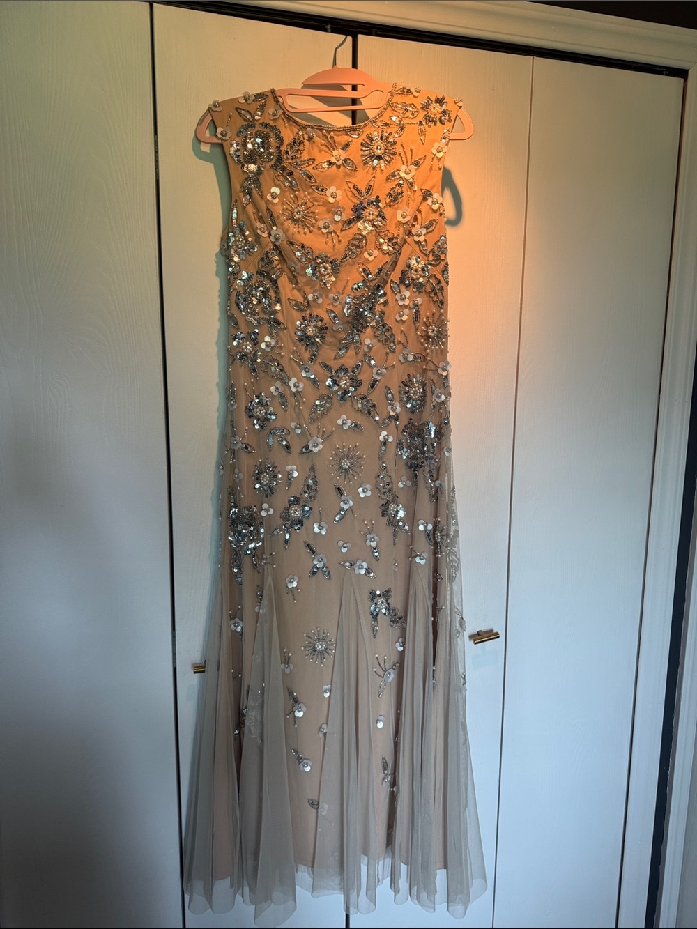 Adrianna Papell Nude/Champagne Beaded Embellished Maxi Gown